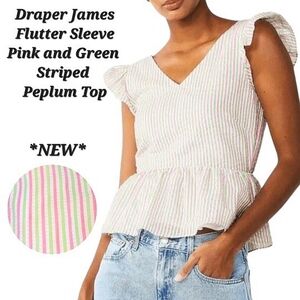 Draper James Flutter Sleeve White Green Pink Striped V-Neck Peplum Top NEW XL